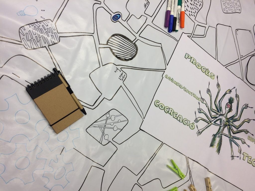 Un taulell presenta un mapa mental esbossat amb formes abstractes i dissenys de circuits, un bloc de notes marró amb un bolígraf, retoladors de colors, pinces d'estendre roba i un dibuix anomenat Procés Cocreació amb una il·lustració d'aranya per a la Setmana de Cocreació de Cornellà.